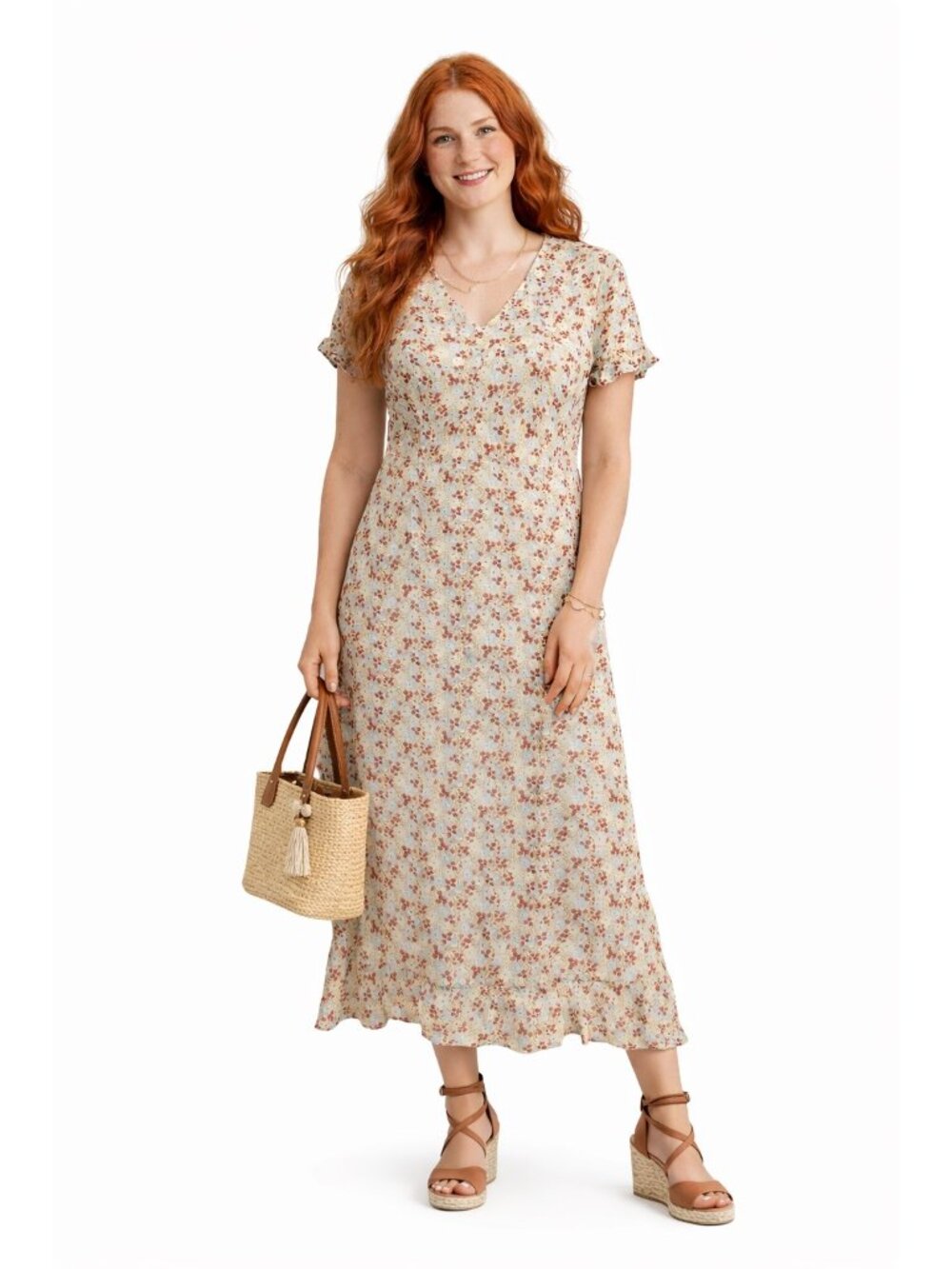 Eddie Bauer Midi Dress 8 Ivory 90s Vintage Floral Rayon Short Sleeve Cottagecore